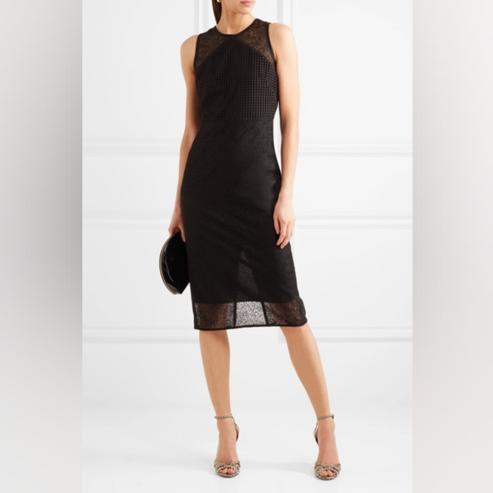Diane Von Furstenberg Tailored Lace Midi Dress Black Sheer Back Size 6 LBD Party